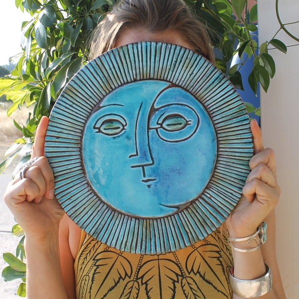 Decorative Tile With Sun&moon Design For Bathroom Wall Decor, Ceramic Tile, Outdoor Wall Art, Decor Tile, Sun And Moon #4 XL 30cm Turquoise