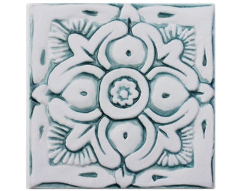 Home Decor Tile With Suzani Design For Interior/Exterior Decor, Hand Painted Tile, Floral Decoration, Ceramic Wall Art, Suzani #1 15cm Aqua