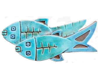 Ceramic Fish Wall Hanging: Turquoise Textured Tile Art (28cm/11")