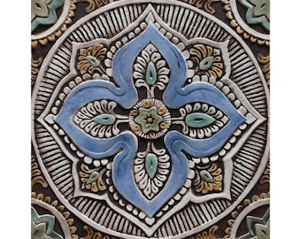 Outdoor Wall Art With Boho Design, Patio Sculpture For Wall, Mandala Garden Decor, Ceramic Tile For Yard Art, Mandala #5 30cm Matt blues