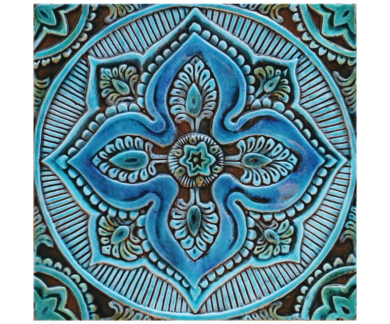 Garden Decor With Mandala Design, Outdoor Wall Art, Ceramic Tile, Yard Art, Wall Sculpture, Decorative Art Tiles, Mandala 5 30cm Turquoise image 1