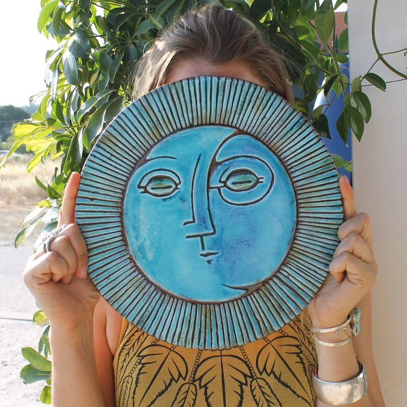 Decorative Tile With Sun&moon Design For Bathroom Wall Decor, Ceramic Tile, Outdoor Wall Art, Decor Tile, Sun And Moon 4 XL 30cm Turquoise image 1