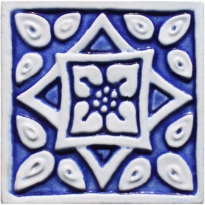 Garden Ceramic Tile, Yard Art Decor Tile, Outdoor Wall Art, Ceramic Tile With Ethnic Design, Patio Tile Decor, Spanish #3 10cm Blue&White