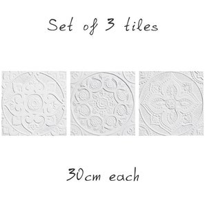 3 Ceramic Tiles Garden Decoration, Garden Sculpture, Yard Art Wall Sculpture, Balcony Decor, Outdoor Wall Art, Relief Tiles 30cm White