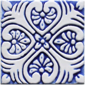 Yard Art Decor Tile, Outdoor Wall Art, Ceramic Tile With Ethnic Design, Boho Chic, Garden Ceramic Tile, Spanish #2 10cm Blue&White