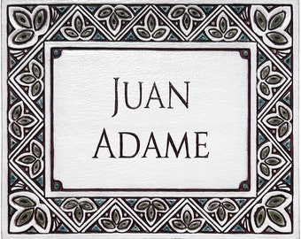 Custom Ceramic House Sign: Spanish Tile, Petals Matt Green