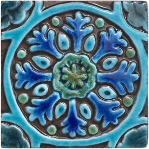 Bathroom Ceramic Wall Art, Wall Decor With Floral Design, Artistic Tiles, Hand Painted Tile, Wall Art Collection, Suzani #1  10cm Turquoise