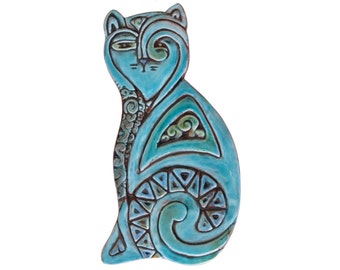 Cat sculpture // Cat art // Ceramic cat // Cat Wall art  // Cat ornament // Deco cat right // 26cm // Turquoise