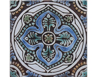 Beautiful Ceramic tile Mandala #5  7.87" , unique hand painted tiles, home wall art for kitchen or bathroom, outdoor wall hanging, 20cm aqua