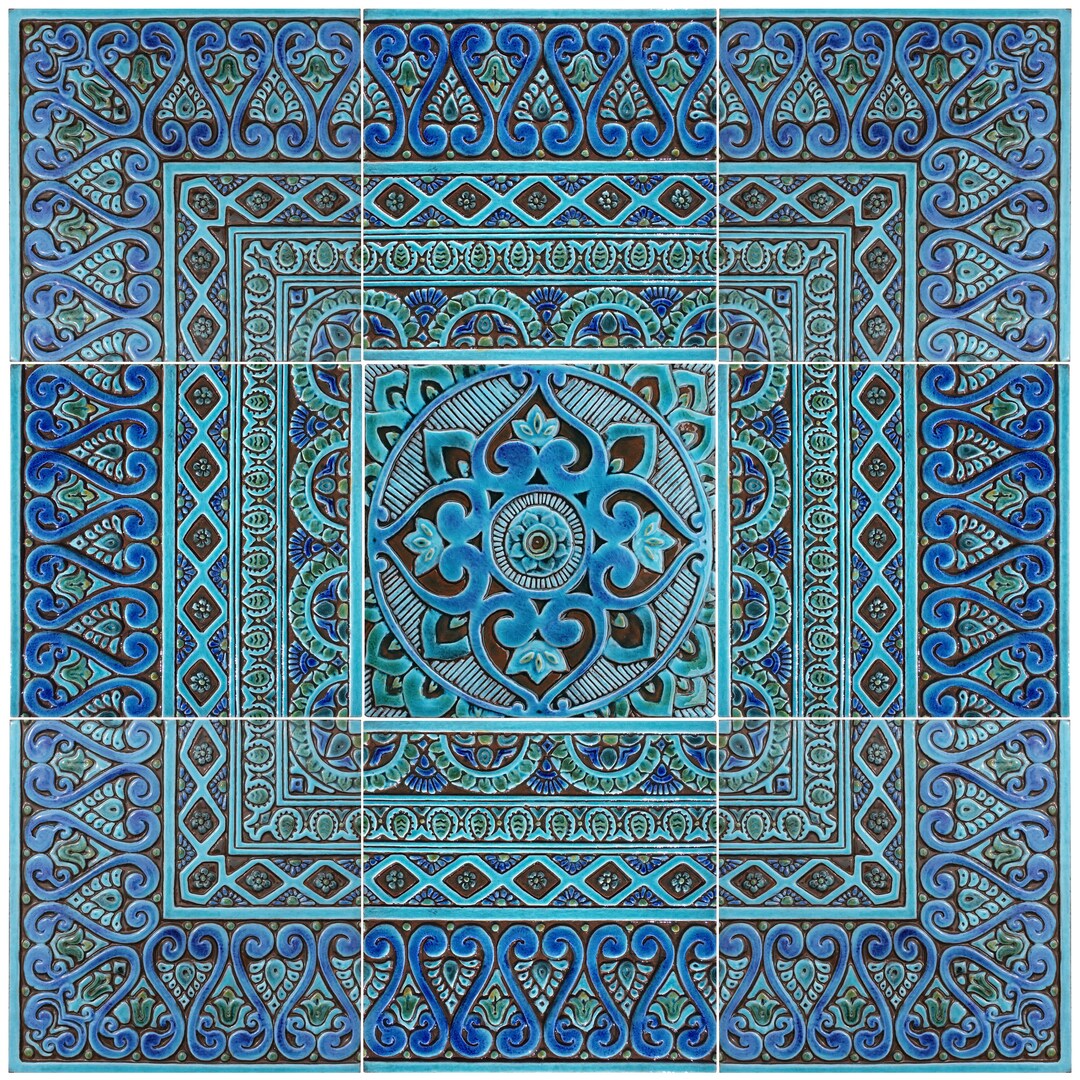 Image showcasing 9-tile Turquoise Ceramic Mural: Bohemian Wall Art (91cm) - Etsy