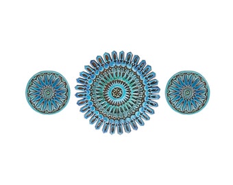 3 Circle Moroccan Wall Sculpture For Outdoor Decor, Art Design For Garden, Ceramic Wall Art For Column Design, Set Moroc #3 Cutout Turquoise