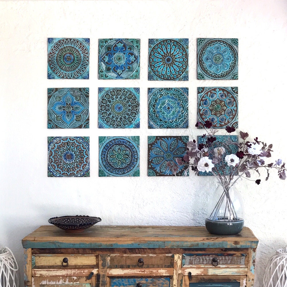 AZ☆管400☆イタリア製☆陶器☆グレートデン ハーレクイン柄 ☆オブジェ Large Turquoise Ceramic Garden Art Tiles - Spanish Wall Sculpture