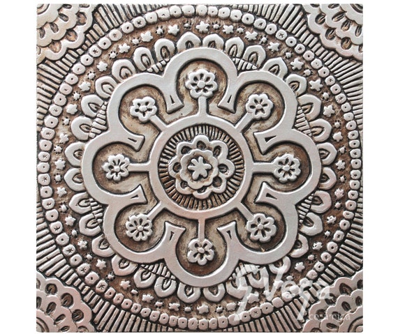 Home Decor With Suzani Floral Design, Ceramic Tile, Wall Hanging Decor For Outdoor, Wall Art, Artistic Wall Decor Suzani #2 30cm Aged Silver