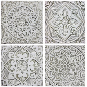 4 Mandala Wall Hangings Ceramic Tiles For Kitchen Decor, Wall Art Set, Wall Hanging For Outdoor Design, Handmade Tile, 4 Mandala 30cm Beige