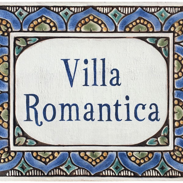 Plaque de maison décorative murale, plaque de maison en céramique, nom de maison personnalisé, plaque d'adresse en carrelage espagnol, plaque d'extérieur, mandala n°1 bleu mat