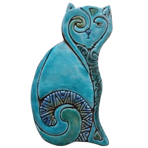 Decorative Cat, Garden Decor, Garden Art, Ceramic Tiles, Outdoor Wall Art, Yard Art, Patio Design, Left-Plain 26cm Turquoise