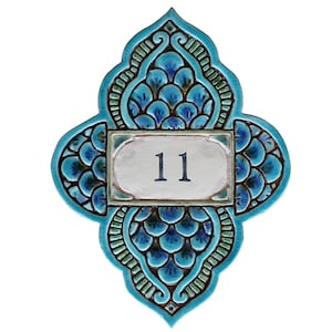 House number made from ceramic, house number plaque with Moroccan decor, personalized address sign, Turquoise house number sign 9.05 x 12.2"