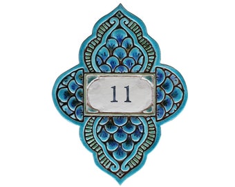 Hausnummer Schild aus Keramik, Hausnummer Schild mit marokkanischem Design, personalisiertes Adressschild, 23 x 31 cm Moroc #2 Türkis
