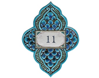 House number made from ceramic, house number plaque with Moroccan decor, personalized address sign, Turquoise house number sign 9.05 x 12.2"