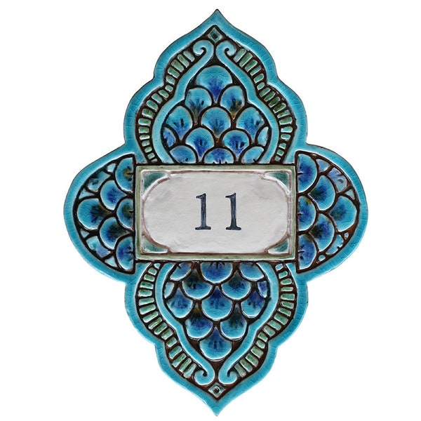 Numéro de maison en céramique, plaque de numéro de maison à décor marocain, plaque d'adresse personnalisée, plaque de numéro de maison turquoise 9,05 x 12,2 po