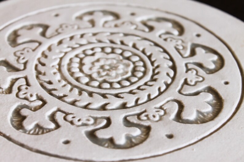 beige and white Wall tile Hand painted tile Suzani21cm with plain border Ceramic art with suzani carving,ceramic tile,Circle art