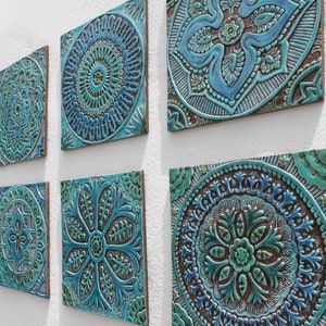 6 Decorative Tiles For Kitchen Backsplash Decor, Hand Painted For Bathroom, Wall Art For Garden, Home Decor, Wall Hanging Mix 30cm Turquoise