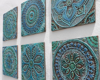 6 decorative tiles 30cm for kitchen backsplash or bathroom,Turquoise ceramic hand painted tiles, wall art for garden,home decor,wall hanging