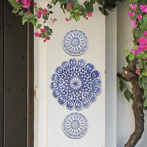 3 Moroccan Circle Tiles, Outdoor Wall Art, Garden Decor, Handmade Tiles, Ceramic Tiles For Garden Walls, Moroc #4 Blue&White