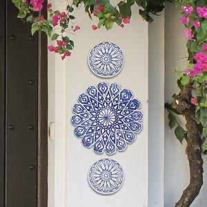 4 Moroccan Circle Tiles, Outdoor Wall Art, Garden Decor, Handmade Tiles, Ceramic Tiles For Garden Walls, Moroc #4 Blue&White