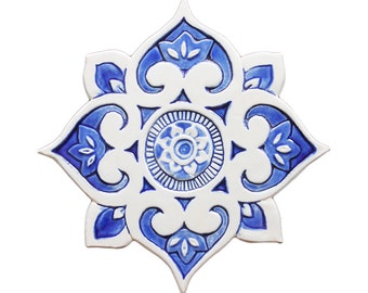 Mandala Handmade Wall Decor Made From Ceramic, Outdoor Wall Art Deep Relief, Ceramic Wall Art Design, Mandala #3 Cutout Blue&White