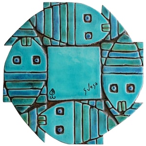 Abstract Fish Wall Art Hanging, Ceramic Tile With Fish Design, Decorative Tile, Stripy Fish, Ceramic Wall Art  Fish Circle Turquoise