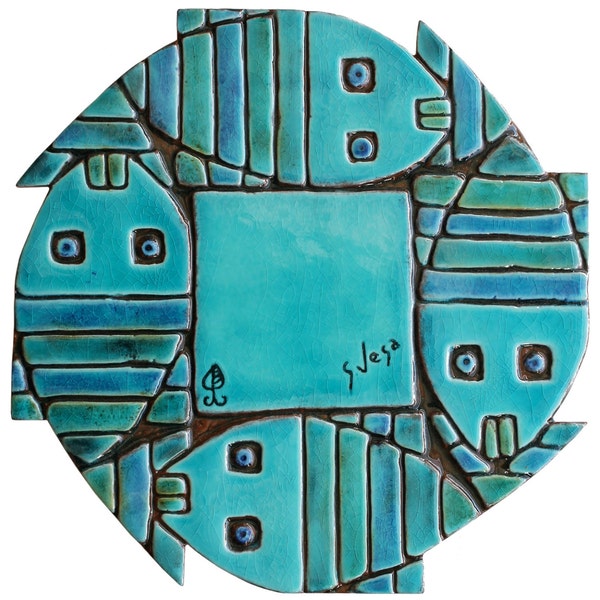 Abstract Fish Wall Art Hanging, Ceramic Tile With Fish Design, Decorative Tile, Stripy Fish, Ceramic Wall Art  Fish Circle Turquoise