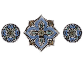 3 Beautiful Wall Art Tiles Made From Ceramic, Handmade Ceramic Art, Outdoor Wall Art, Outdoor Sculpture, Office Decor, Mandala #5 Matt Blue