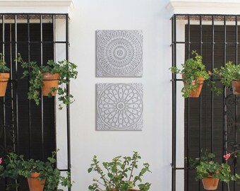 SET de 2 azulejos, arte de pared hecho de cerámica - arte exterior, decoración de jardín, arte de ceramica, azulejo artesanal, GRIS BLANCO