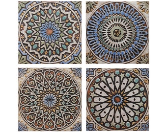 Outdoor wall decor, set of 4 Moroccan tiles 11.8” each, Moroccan decor set, large wall art, garden sculpture, coastal wall decor,matt finish