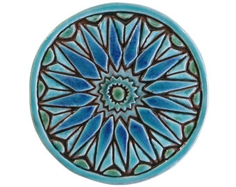 Moroccan Tile Art For Wall Decor, Wall Tile Design, Decorative Tile, Ceramic Art, Hand Painted Tile, Circle Moroccan #1 15cm Turquoise