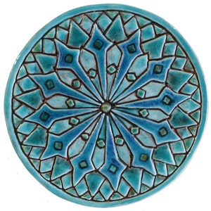 Wall Hanging With Moroccan Decor, Geometric Wall Art For Over The Garden Wall, Ceramic Wall Art Garden Decor, Circle Moroc 21cm Turquoise