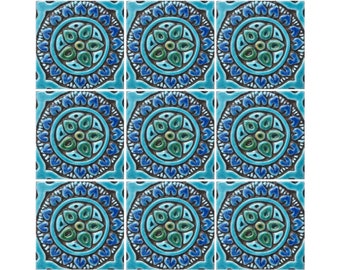 Turkos mandala keramisk kakelkonst: Handgjord spansk kakeldekor, set om 9