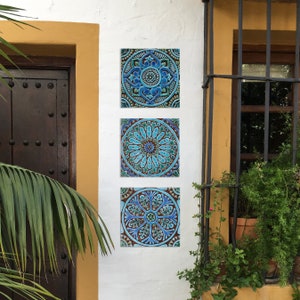 3 Beautiful Wall Hanging Ceramic Tiles For Garden Decor With Ethnic Designs, Boho Wall Art, Rustic Home Decor, Tile Art, Mix 20cm Turquoise