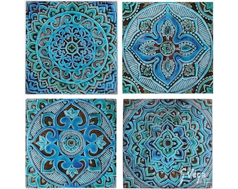 4 Decorative Tiles For Kitchen Backsplash, Ceramic Tiles Design For Bathroom, Tiles Art For Wall Hanging, Mandala Mix Design 30cm Turquoise