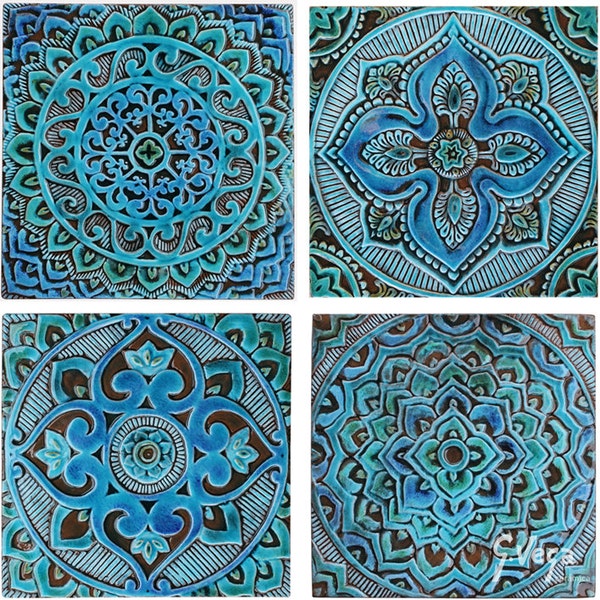 4 Decorative Tiles For Kitchen Backsplash, Ceramic Tiles Design For Bathroom, Tiles Art For Wall Hanging, Mandala Mix Design 30cm Turquoise