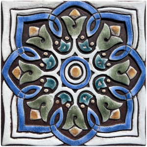 Handmade Tile With Deep Relief Design For Wall Art Decor, Ceramic Tile For Kitchen Backsplash, Bathrooms Tiles, Spanish #4 15cm Matt Blue