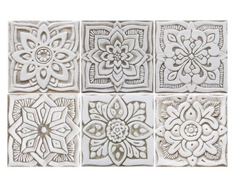 6 Ceramic Tiles For BackYard Decor, Bathroom Tiles, Kitchen Backsplash Inspirations, Wall Art Hanging, Moroccan-Mandala-Suzani 15cm Beige