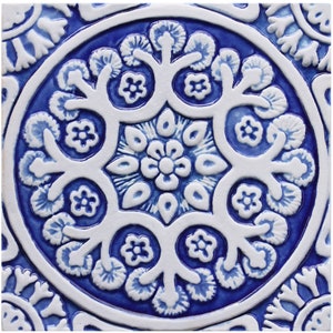 Decorative Ceramic Tile With Floral Design, Handmade And Hand Painted Ceramic Wall Art, Sculpture For Wall Hanging, Suzani#1 20cm Blue&White