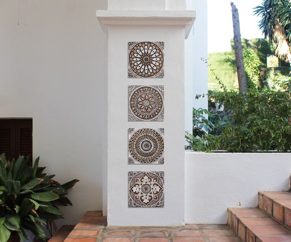 Set Of 4 Handmade Ceramic Tiles Boho Home Decor Outdoor Wall Etsy