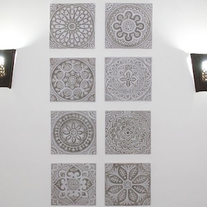8 Wall Hangings Ceramic Tiles With Ethnic Designs For Lounge Wall Decor, Outdoor Wall Art, Kitchen  Tiles Deco, Mix Design 30cm Beige