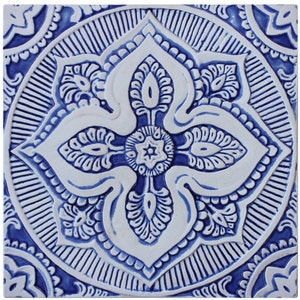 Handmade Tile For Wall Hanging Decor With Mandala Design Made From Ceramic, Outdoor Wall Art, Bathroom Tile, Mandala #5 30cm Blue