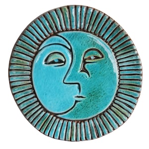 Garden Art Decor With Sun&Moon Tile Design, Wall Art Tile, Ceramic Tile For Outdoor Wall Art, Backyard Decor, Sun And Moon #4 17cm Turquoise