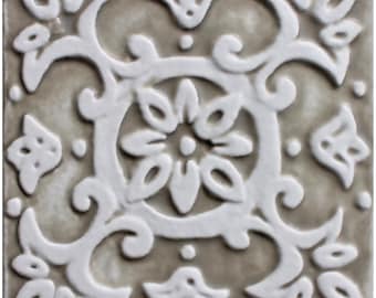 Hand-Painted Ceramic Tile: Taupe Spanish Floral Wall Decor (10cm)