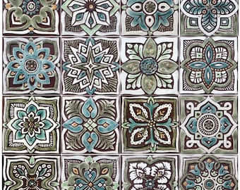 Keramische tegelkunst: Marokkaanse mandala Suzani - matgroen (set van 16) 15 cm/5,9"